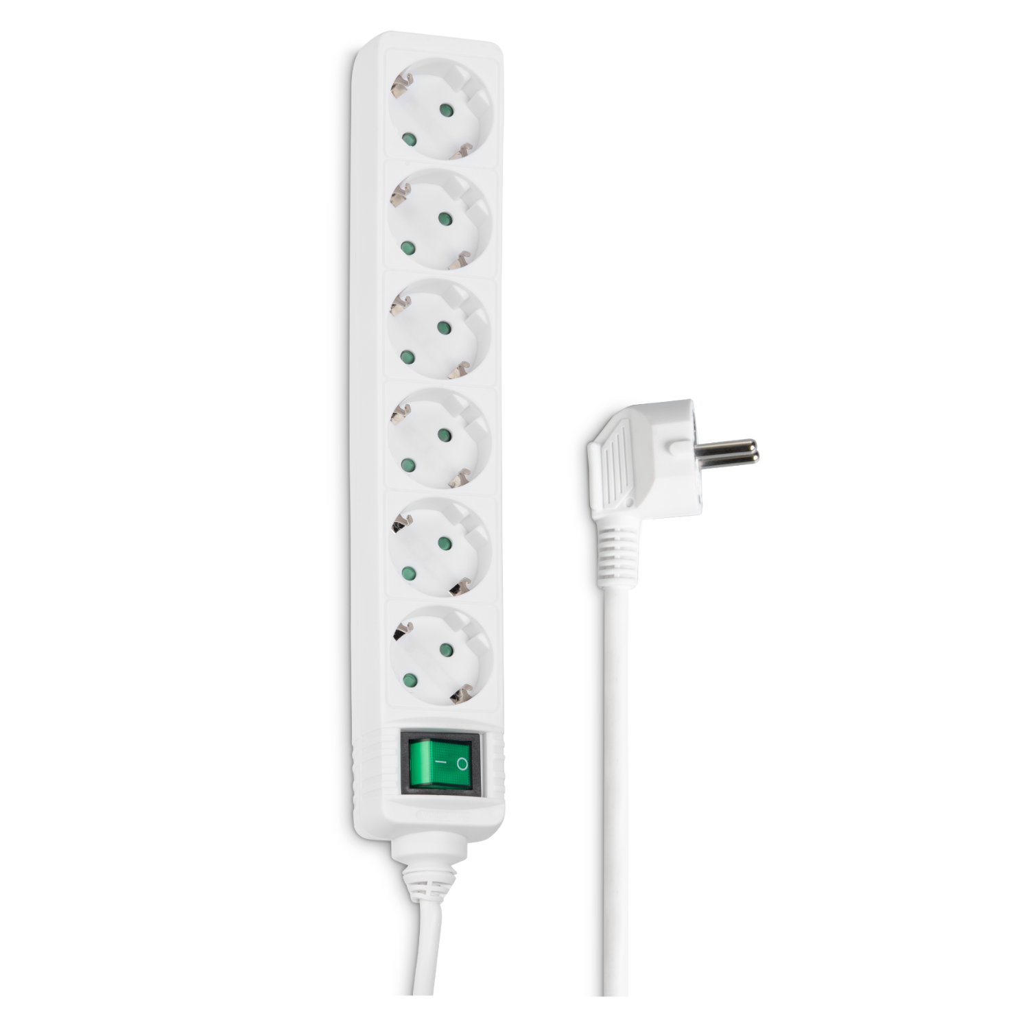 Een witte stekkerdoos met meerdere stopcontacten en een groene aan/uit-schakelaar, op een witte achtergrond.