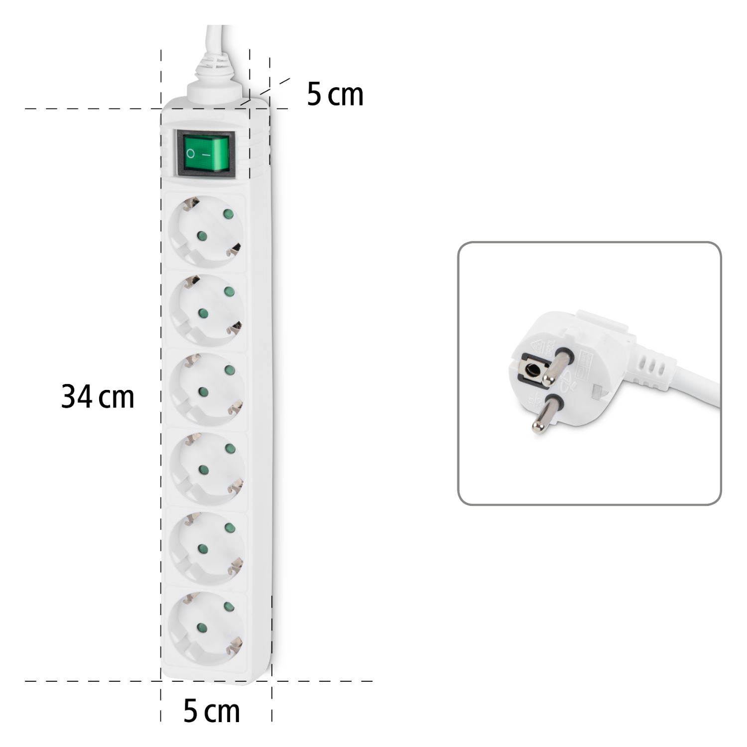 Witte stekkerdoos met 7 stopcontacten, groene schakelaar en stekkerdetail.