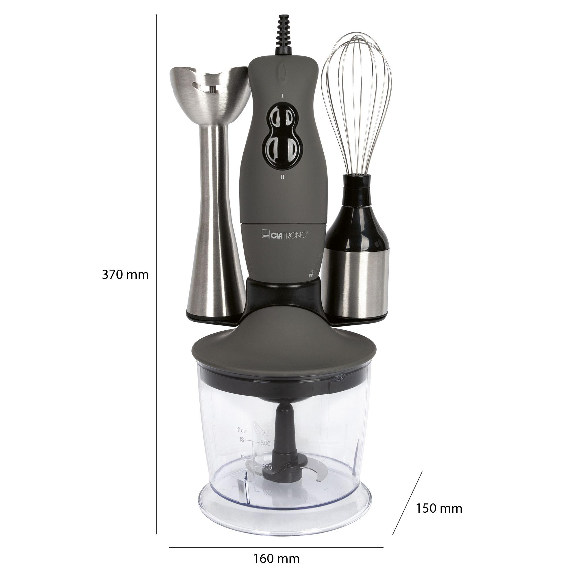 Handmixer mit Aufsätzen und Maßen in mm.