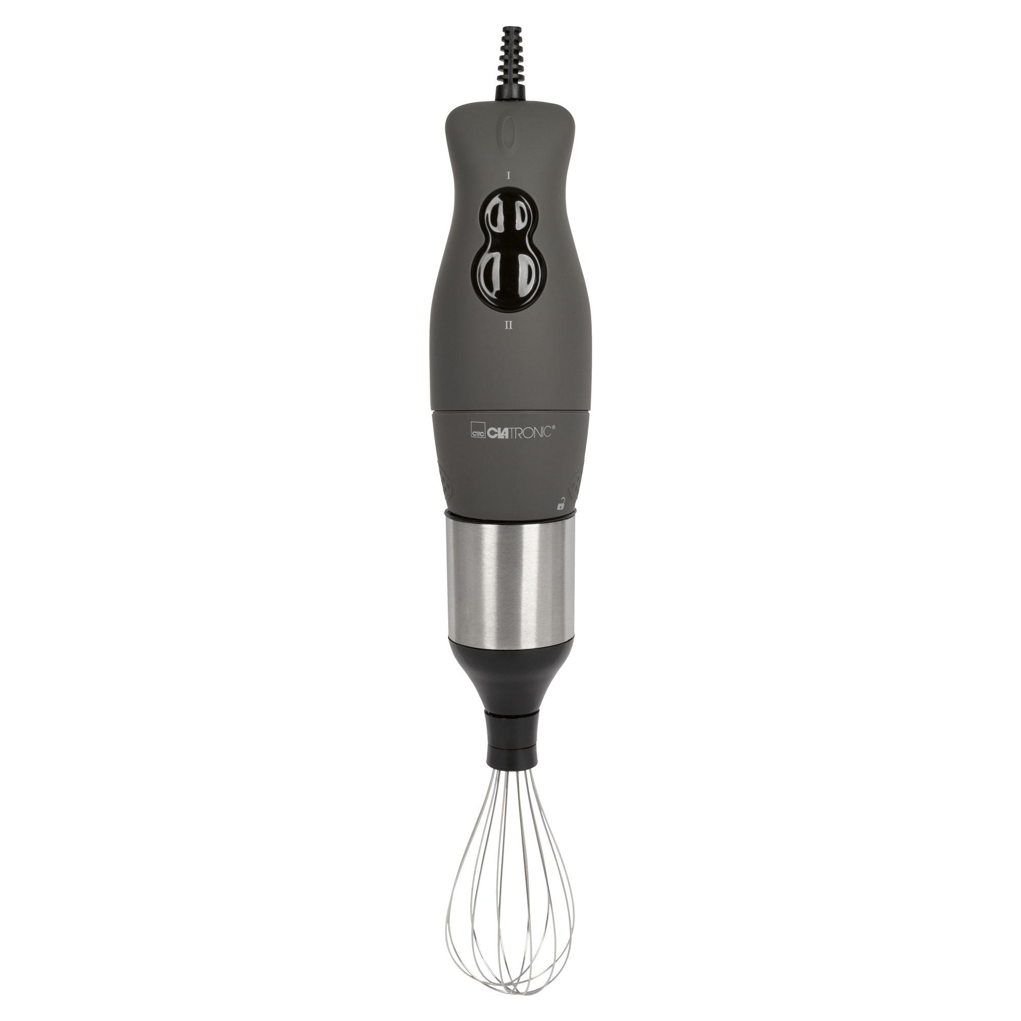 Dunkelgrauer Stabmixer mit Schneebesen-Aufsatz.