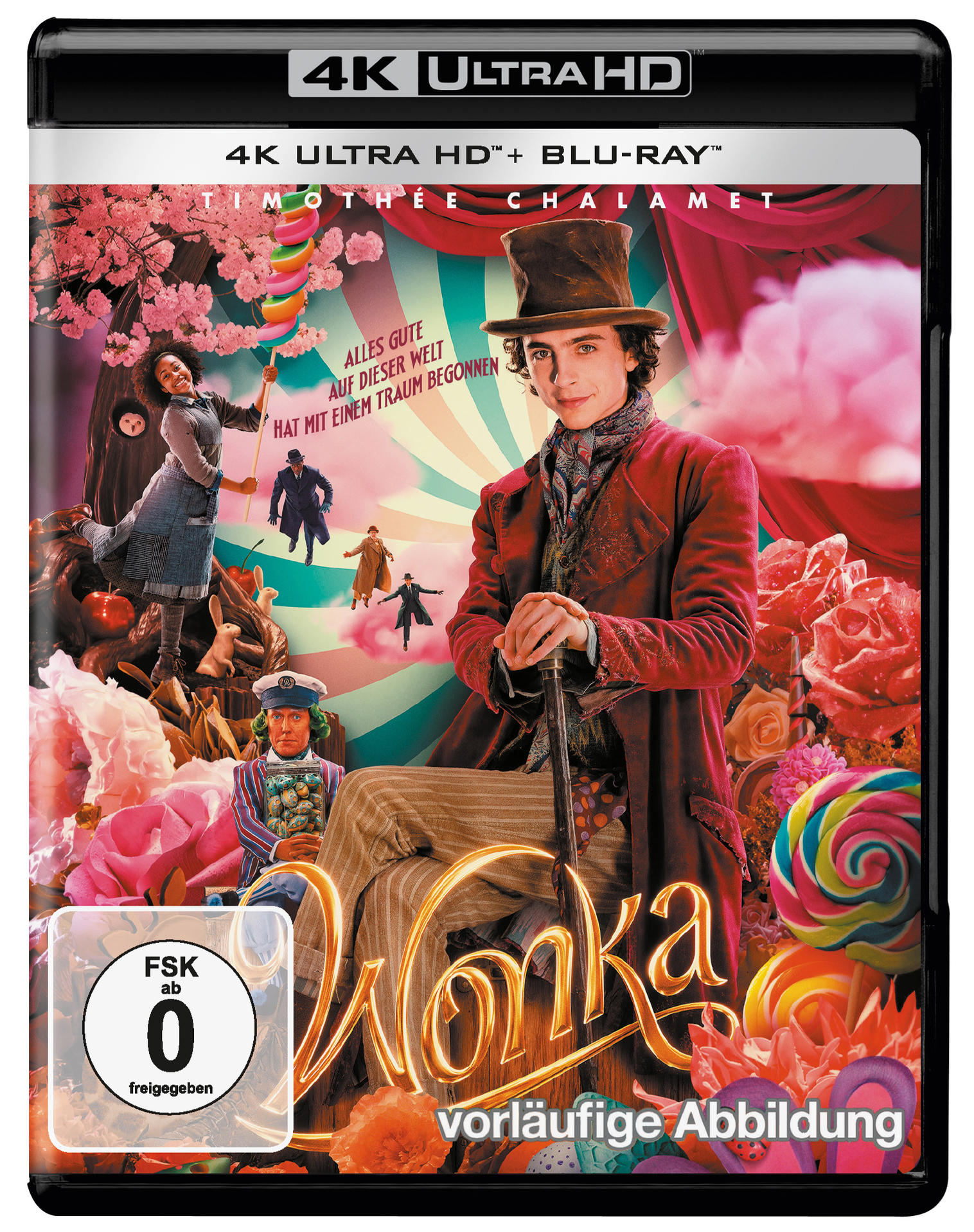 Wonka Blu-ray-Cover. Timothée Chalamet in rotem Mantel, Zylinder, umgeben von Süßigkeiten und phantastischen Figuren.