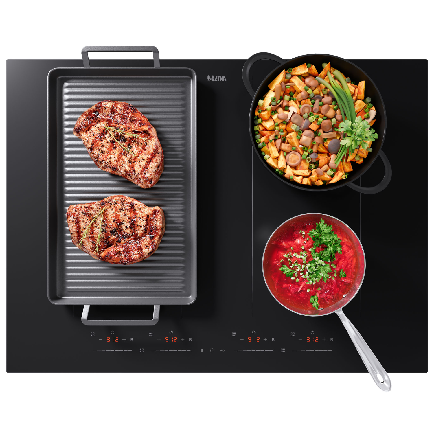 A black induction cooktop with food in pans. Grilled steaks, vegetables, and soup are visible.