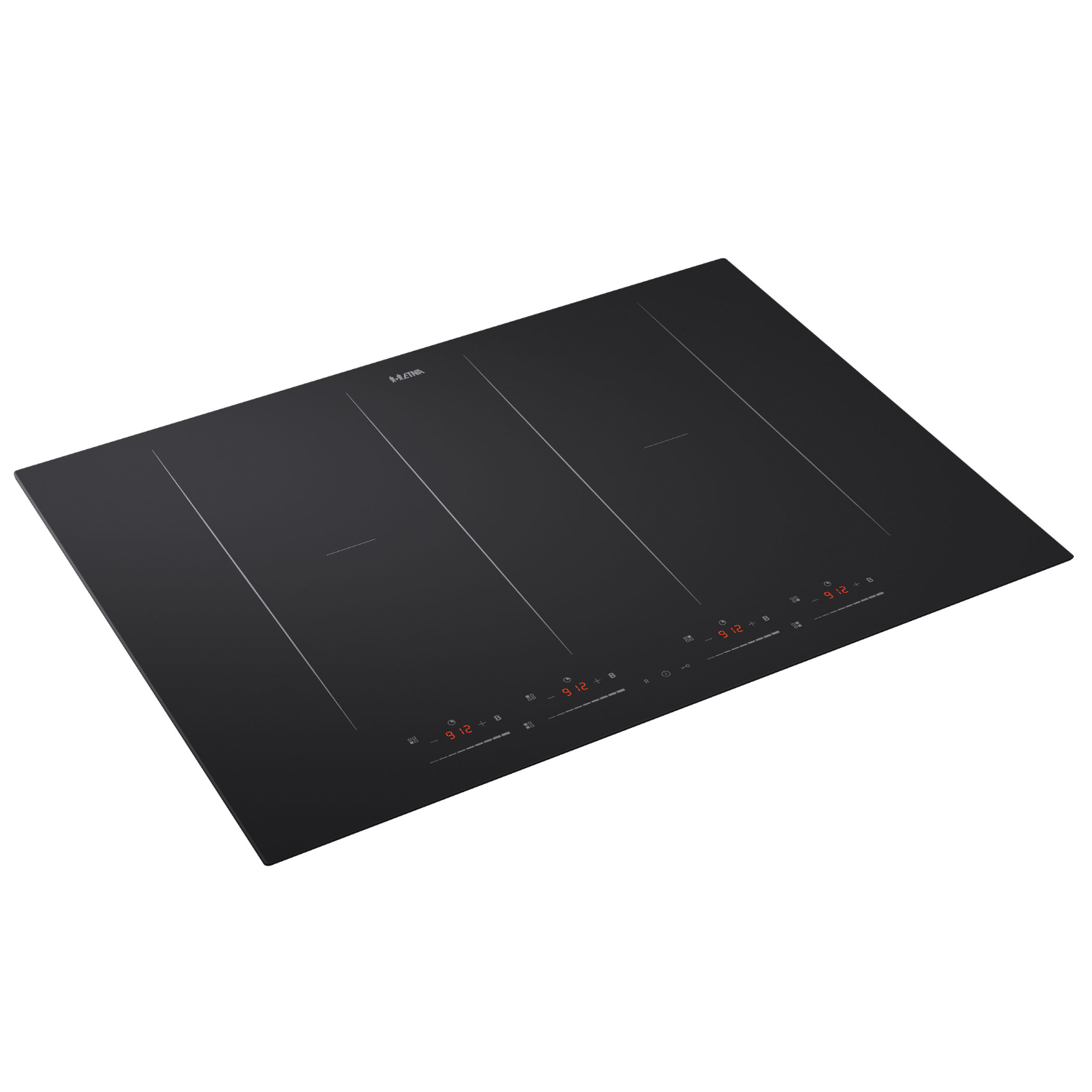 Black induction cooktop with four cooking zones. Digital displays for each zone are visible.