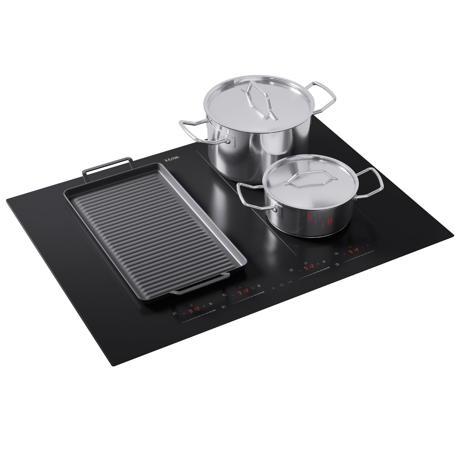 Black induction hob with two pots and a grill pan. The hob has touch controls and a black surface.