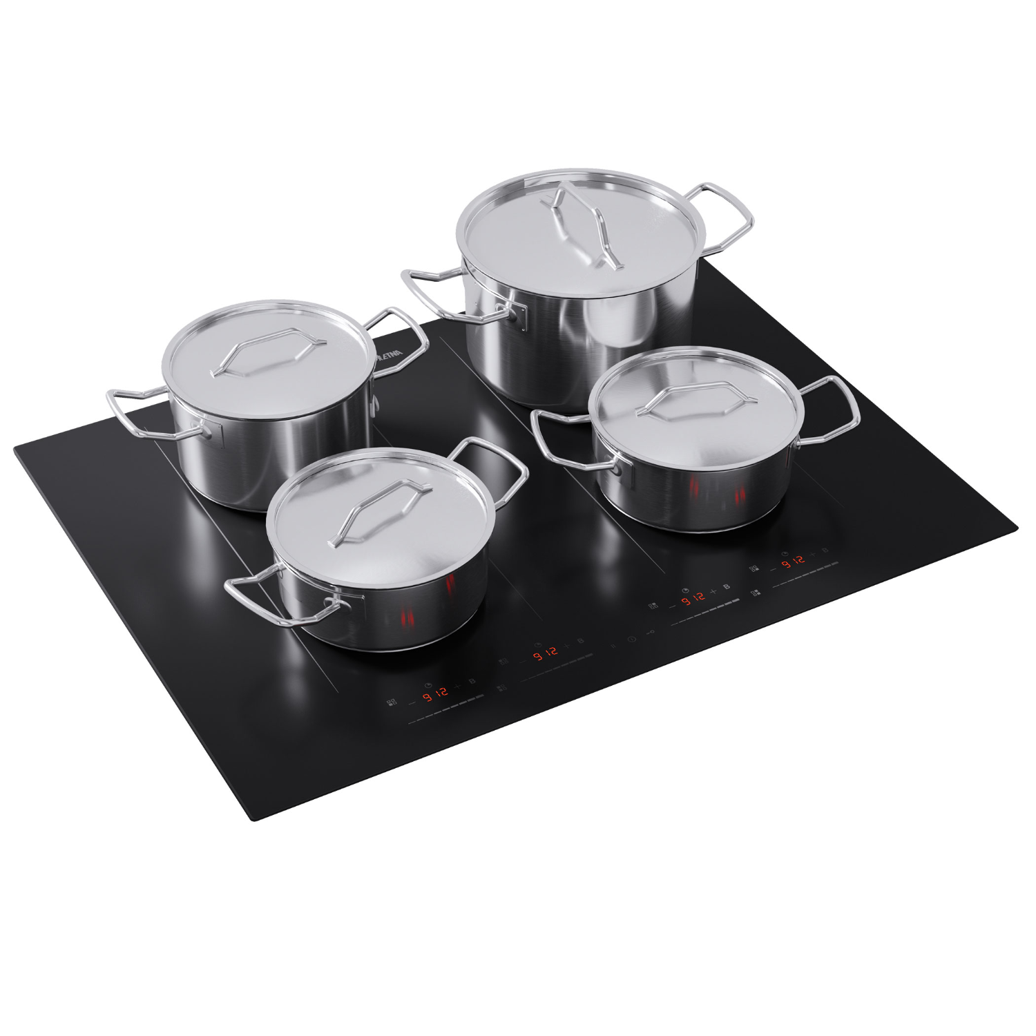 Four stainless steel pots with lids on a black induction cooktop.