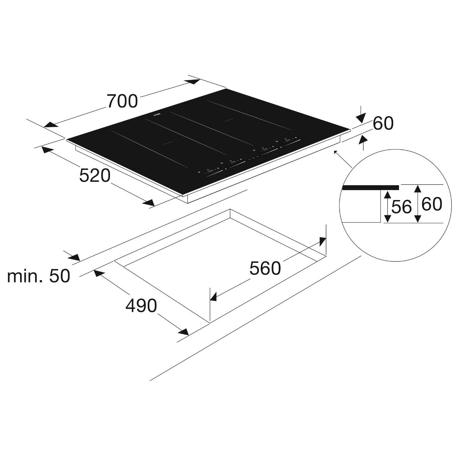 A black hob, with size indications, from above with a white background.