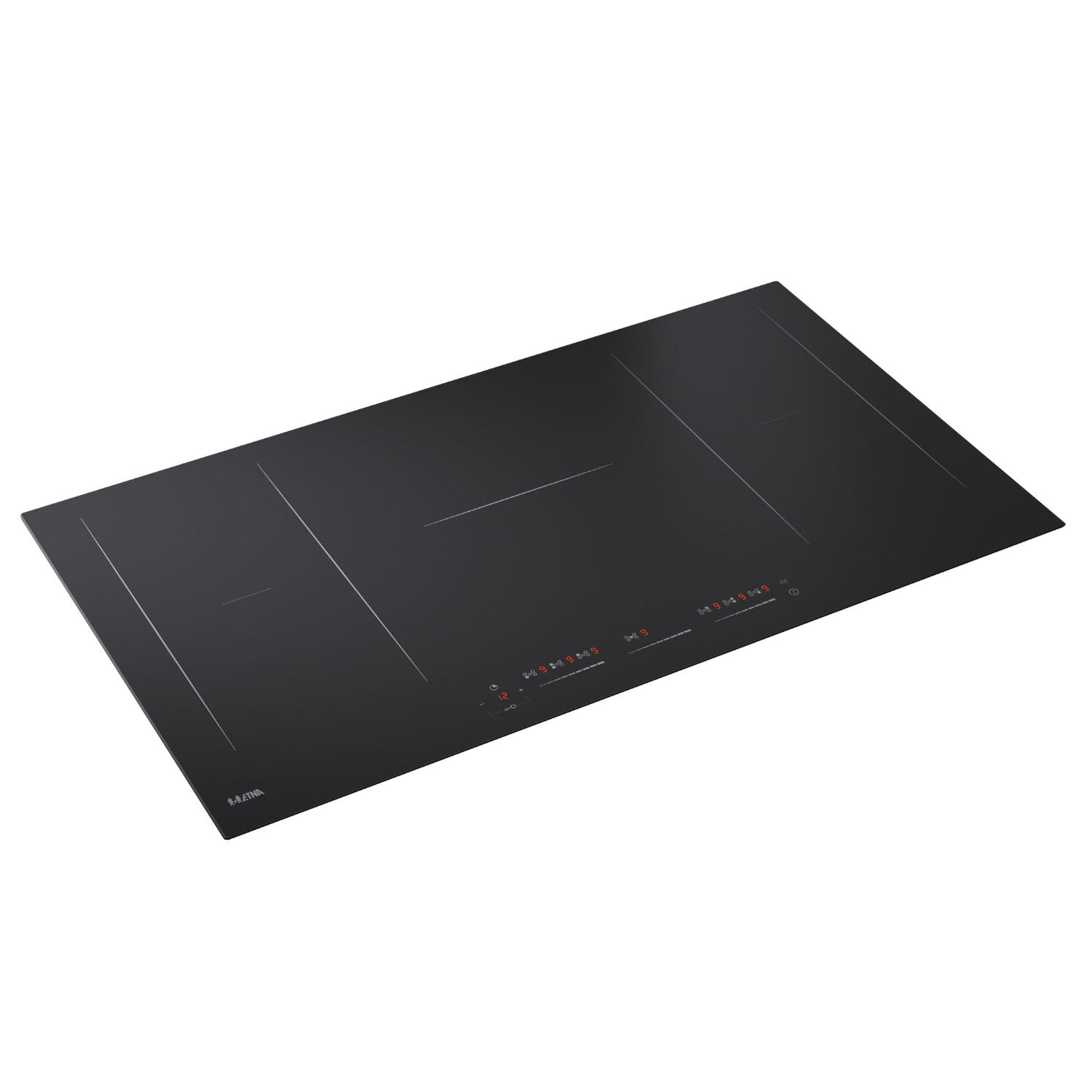 A black induction cooktop with 3 cooking zones and control panel. White background.