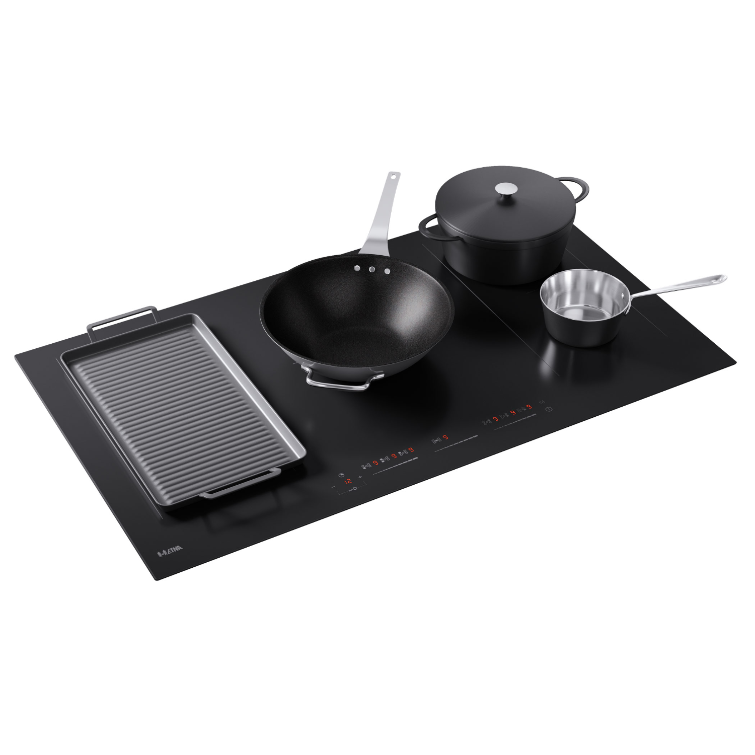 Black stovetop with grill, wok, pot, and saucepan. Controls are on the right.