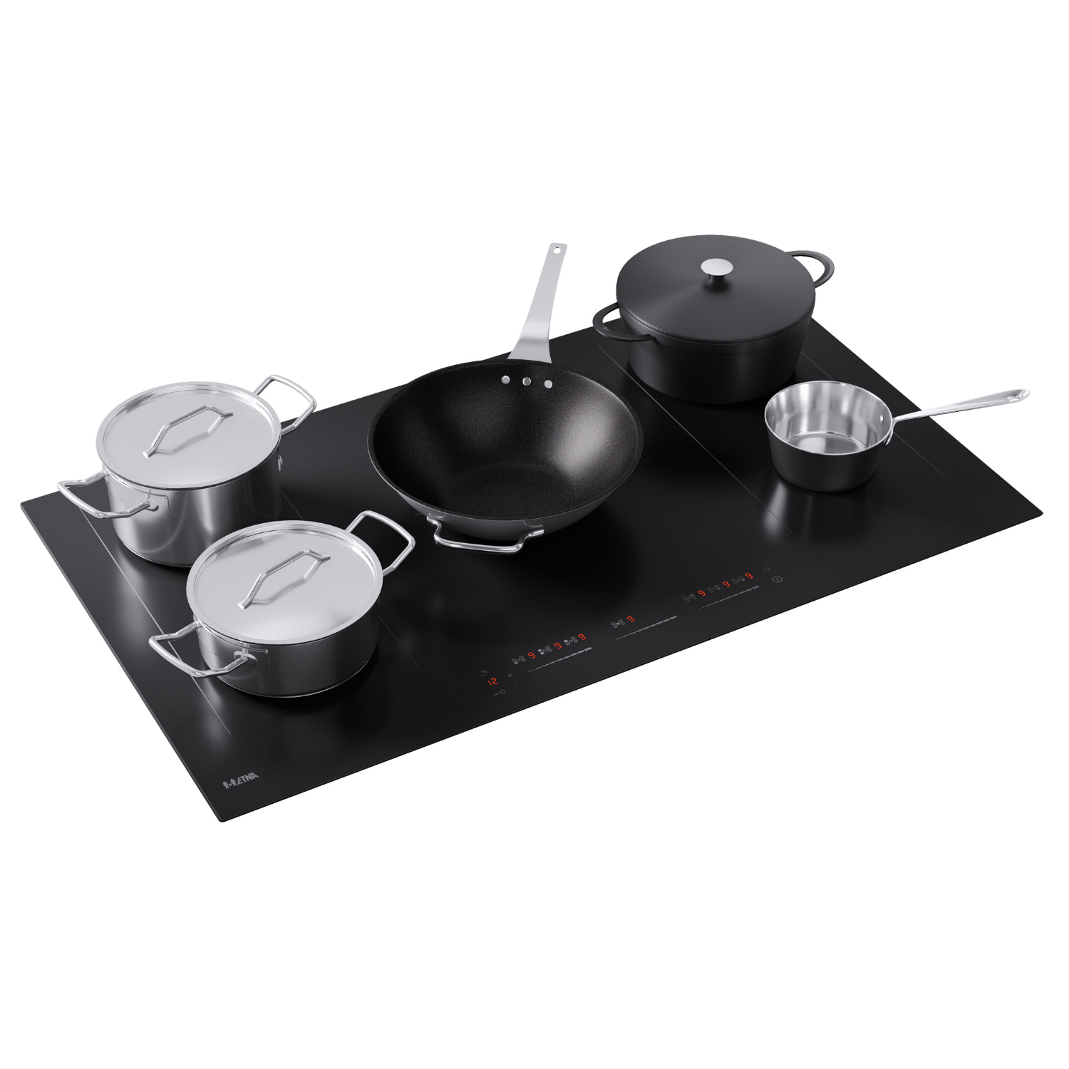 Cookware on a black induction cooktop, including pots and a wok.