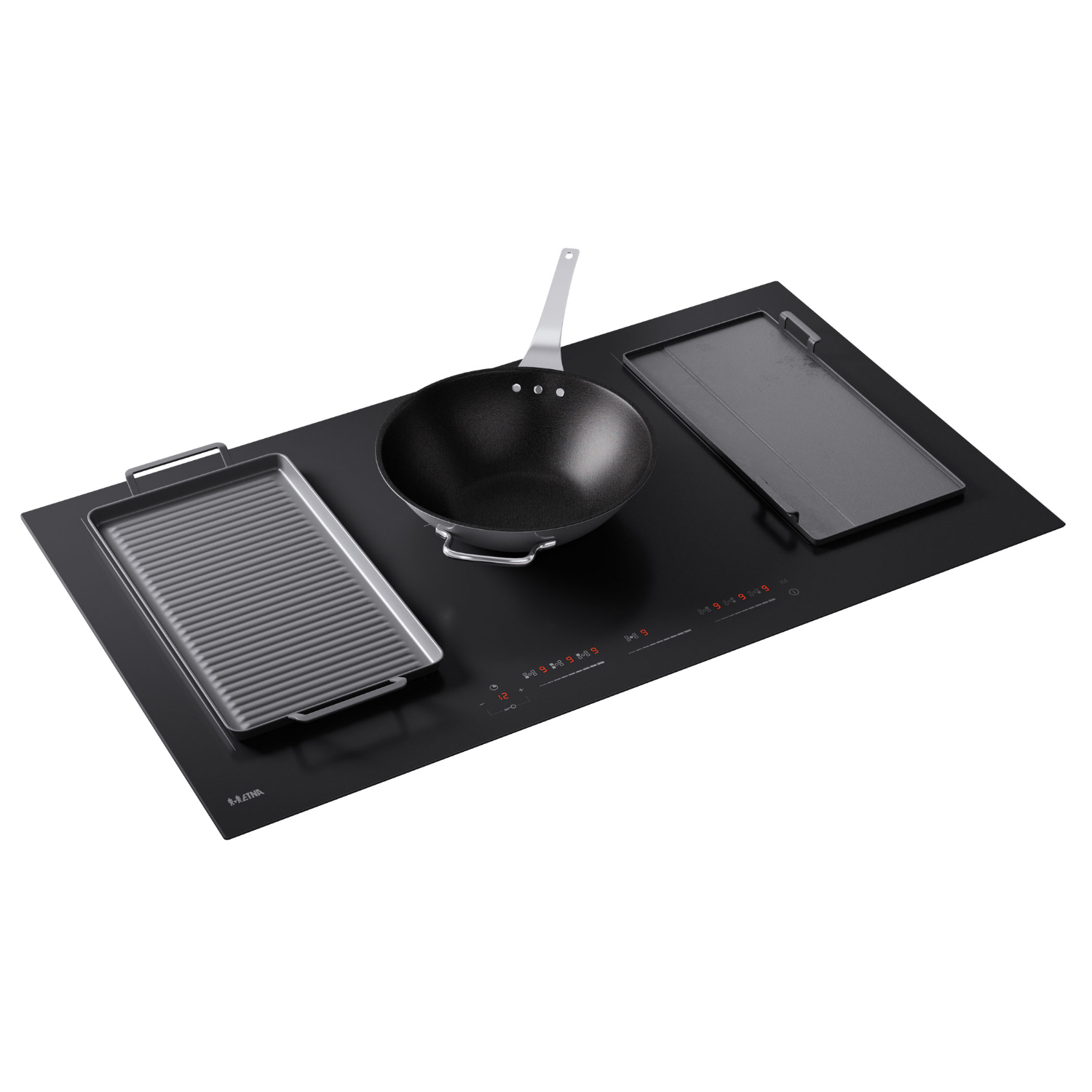 Black induction cooktop with griddle pans and wok. 