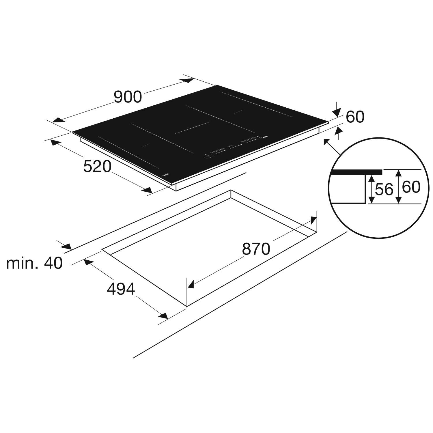 An overhead view of a black induction hob, showing measurements and an inset with details.