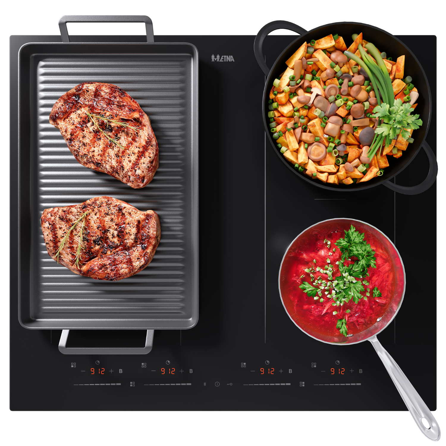 Zwarte inductiekookplaat met gegrilde steaks, groenten en soep.