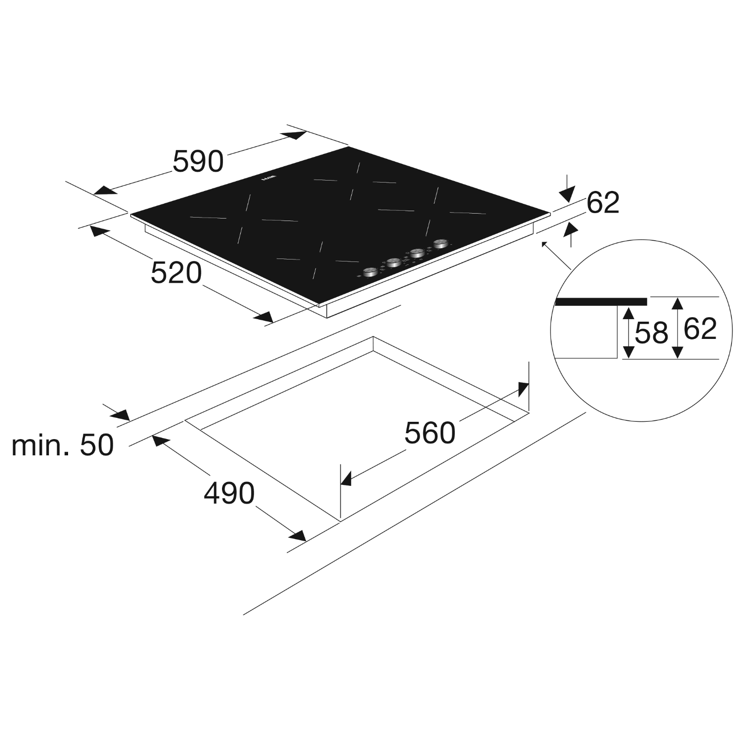 Diagram van een zwarte inductiekookplaat met afmetingen en dimensies.