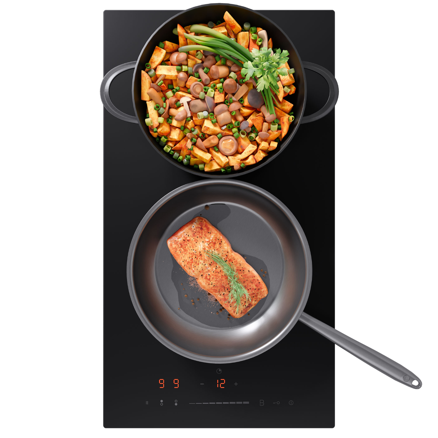 Zwarte kookplaat met twee pannen. Eén pan heeft eten, de andere heeft zalm.