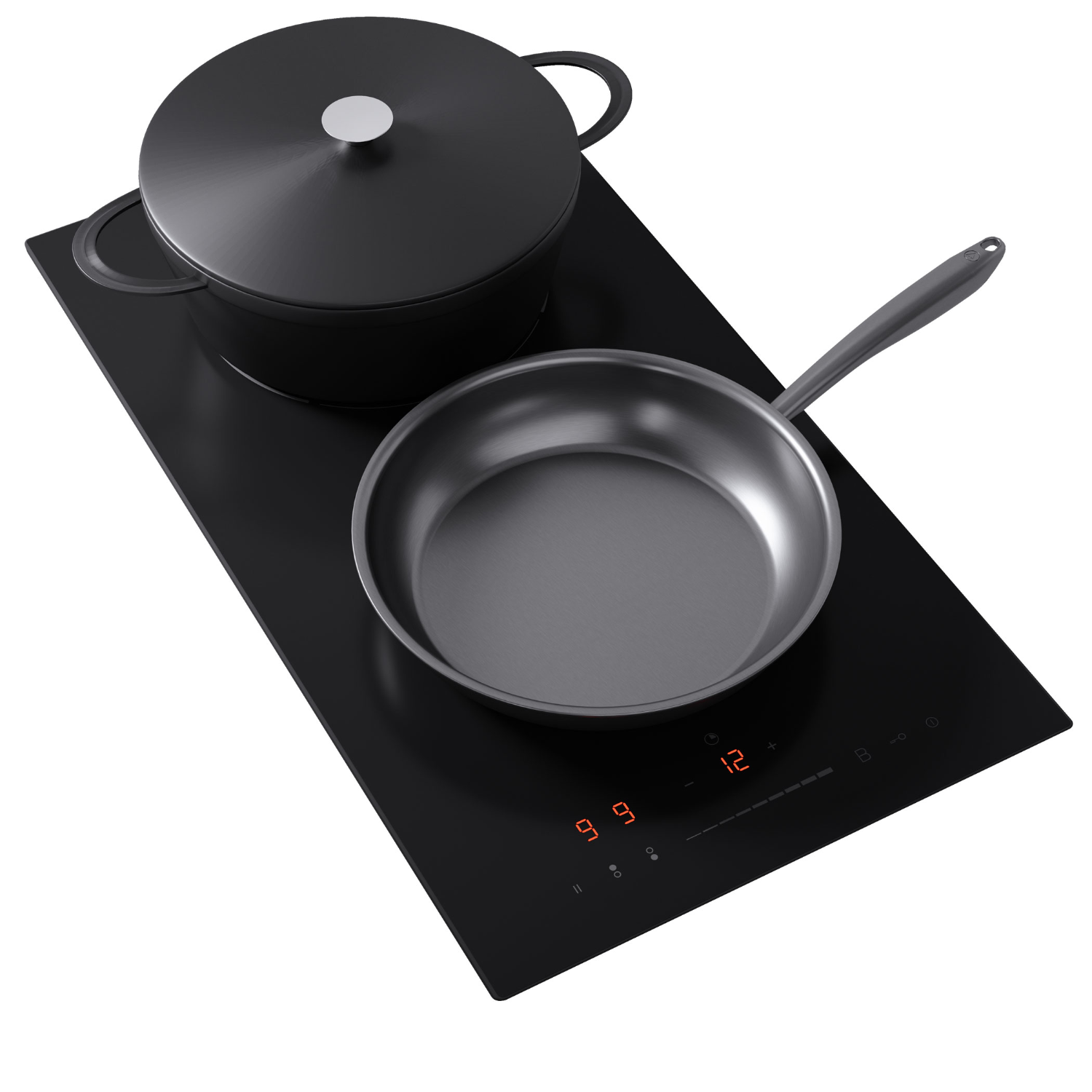 Een zwarte inductiekookplaat met een pan en een koekenpan erop.
