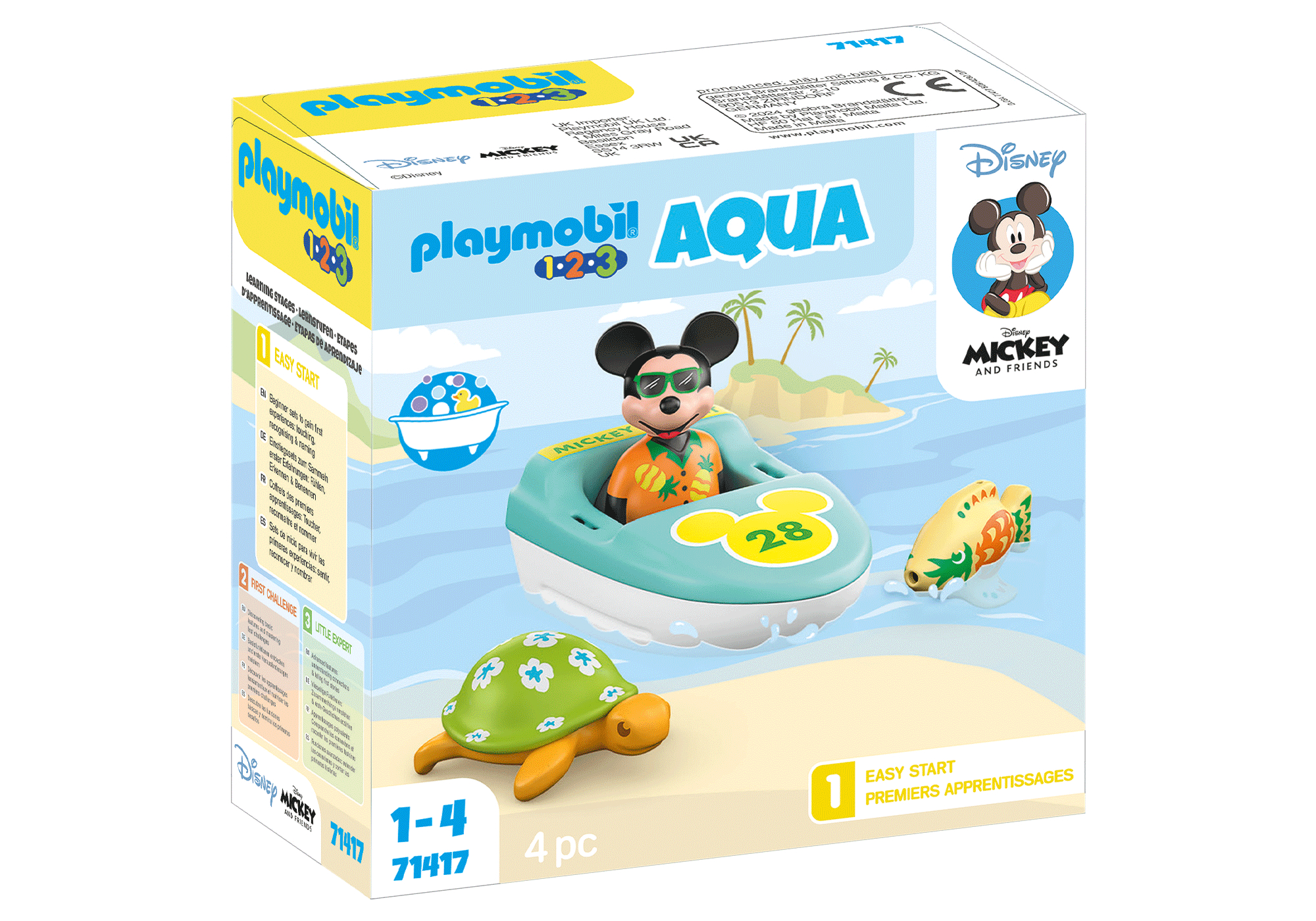 Playmobil Aqua Set-Box mit Mickey Mouse auf einem Boot, einer Schildkröte und einem Hai-Spielzeug.