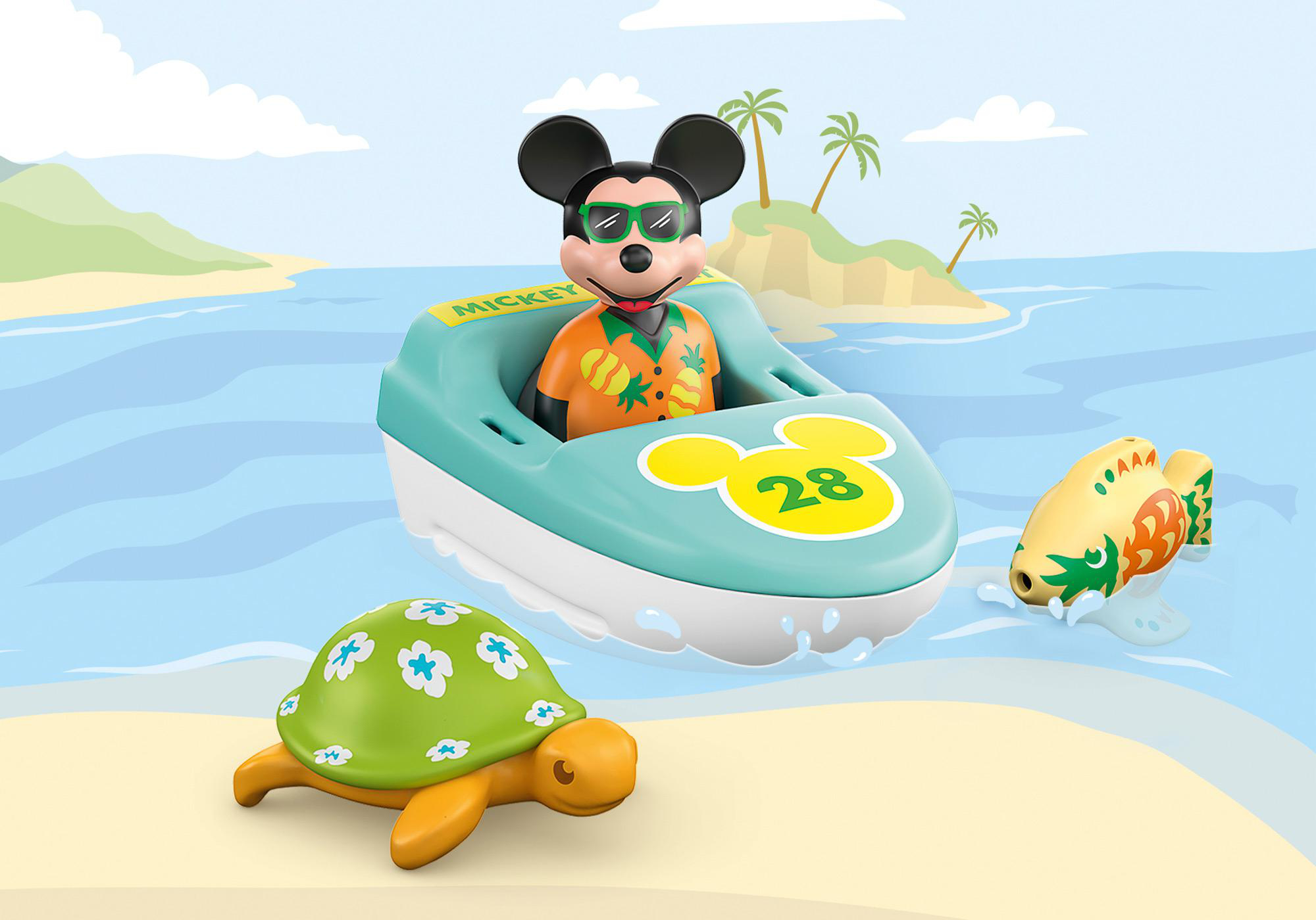 Mickey Mouse in einem Boot, mit einer Schildkröte und einem Fischspielzeug an einem Strand mit Palmen.