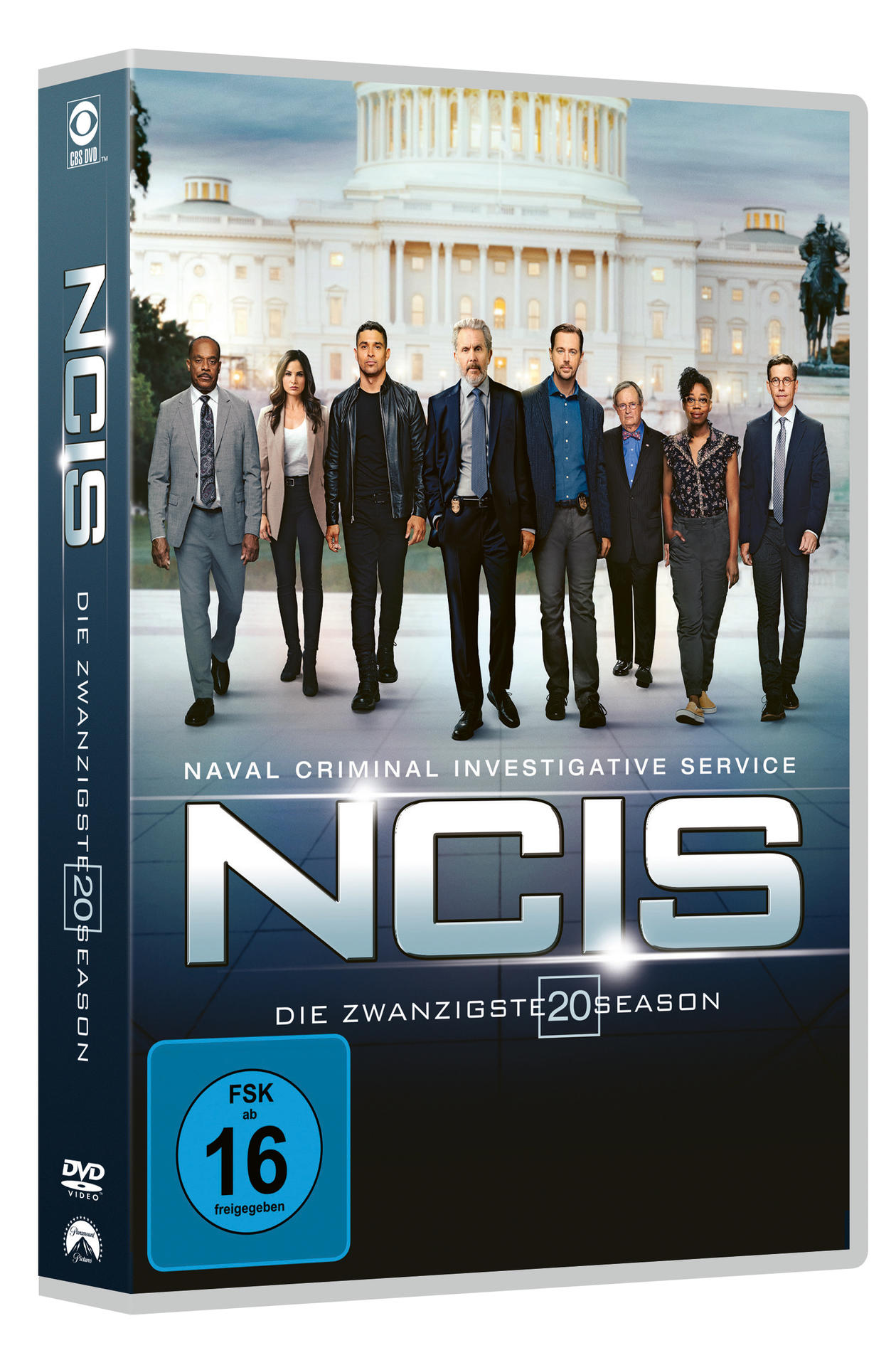 NCIS DVD-Cover. Darsteller vor einem Gebäude. Blaues und weißes Farbschema.