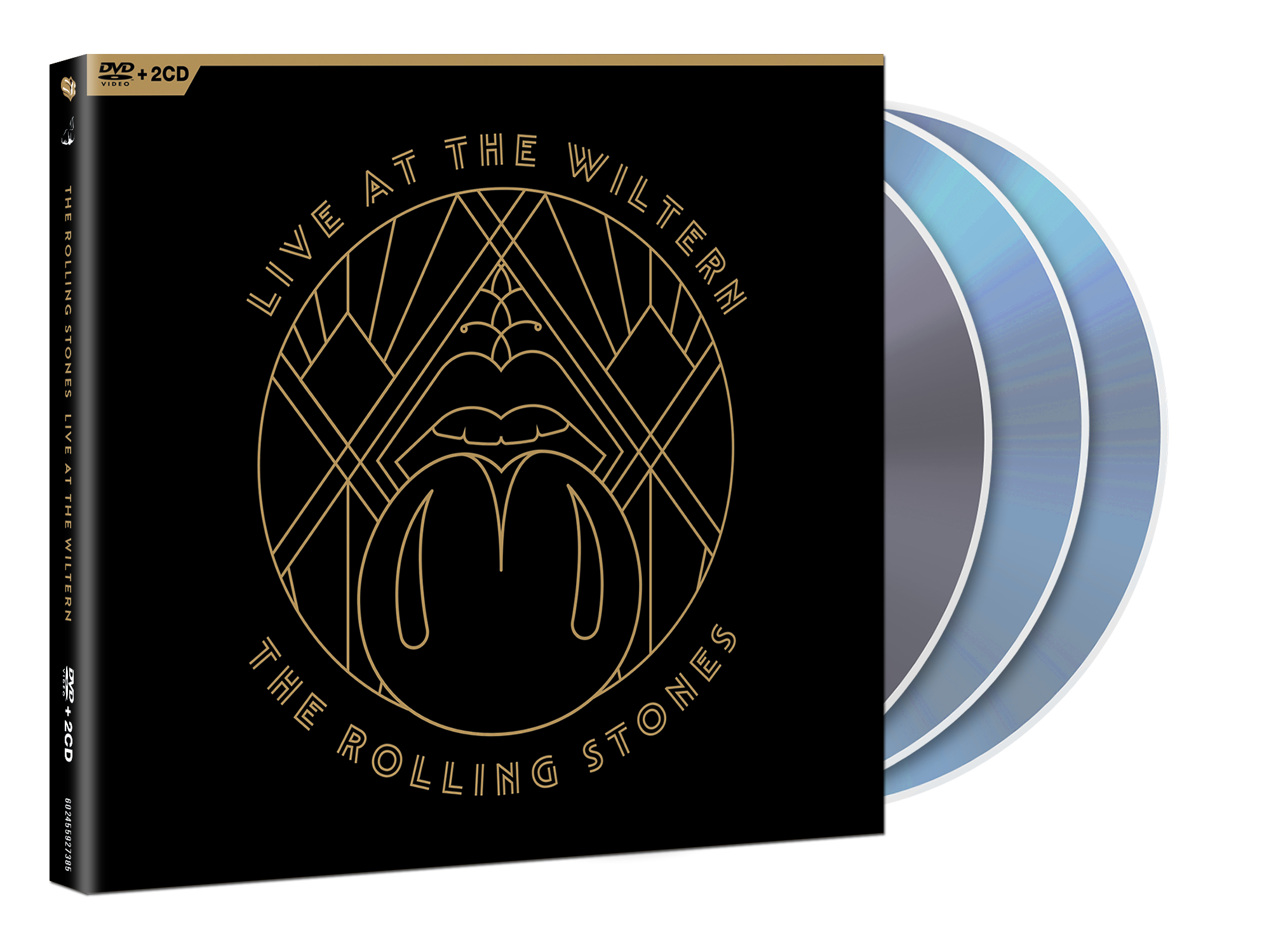 The Rolling Stones Albumcover: Live at the Wiltern. Schwarzer Hintergrund, goldenes Art-Deco-Design, 2 CDs.