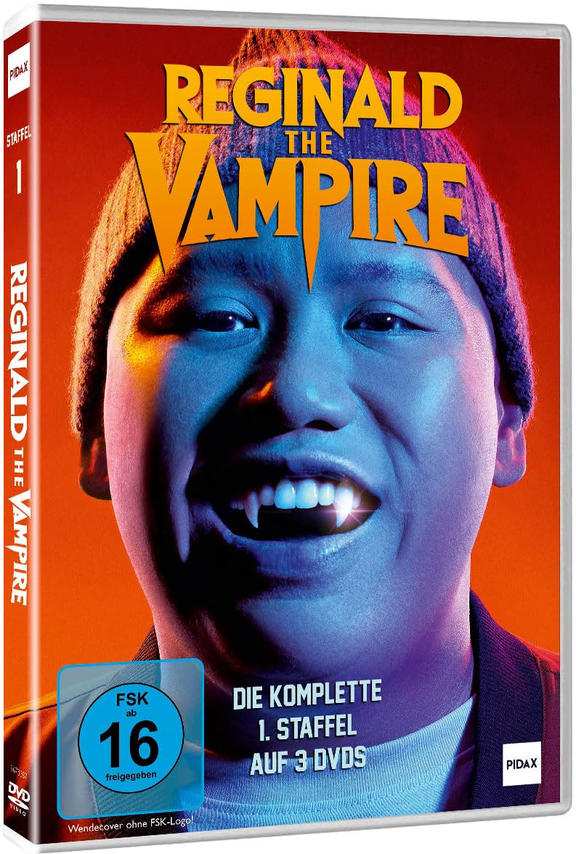 DVD-Cover von 'Reginald the Vampire' mit einem lächelnden Mann mit Vampirzähnen auf farbigem Hintergrund.