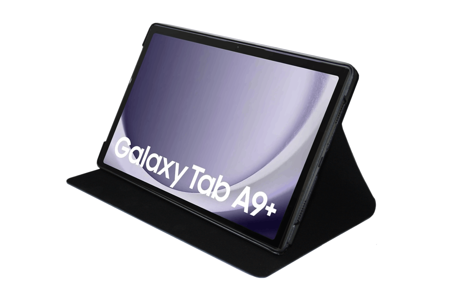 Una tableta negra en una funda negra. La pantalla dice 'Galaxy Tab A9+'.