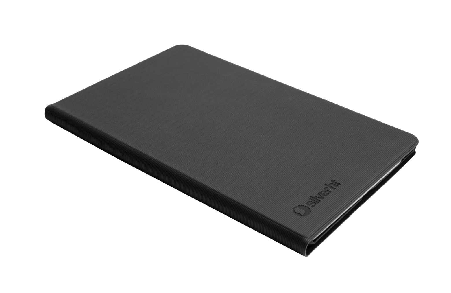 Una funda de tableta negra cerrada, texturizada con un patrón de líneas verticales.