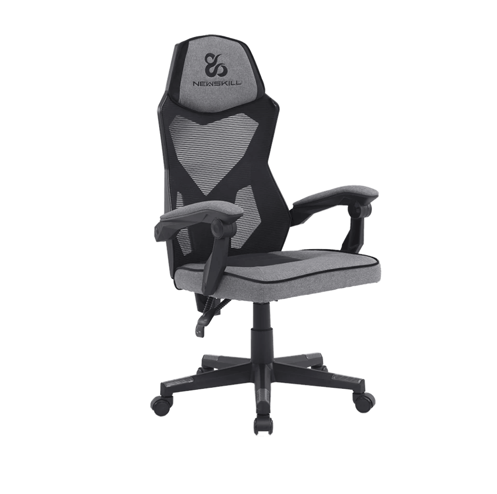Silla gaming con combinación de colores gris y negro. El logotipo Newskill es visible en el reposacabezas.