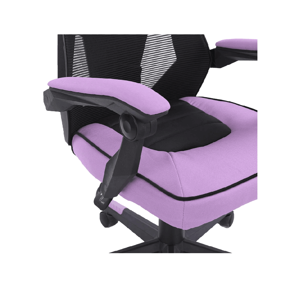 Una silla de oficina con un diseño negro y morado claro.
