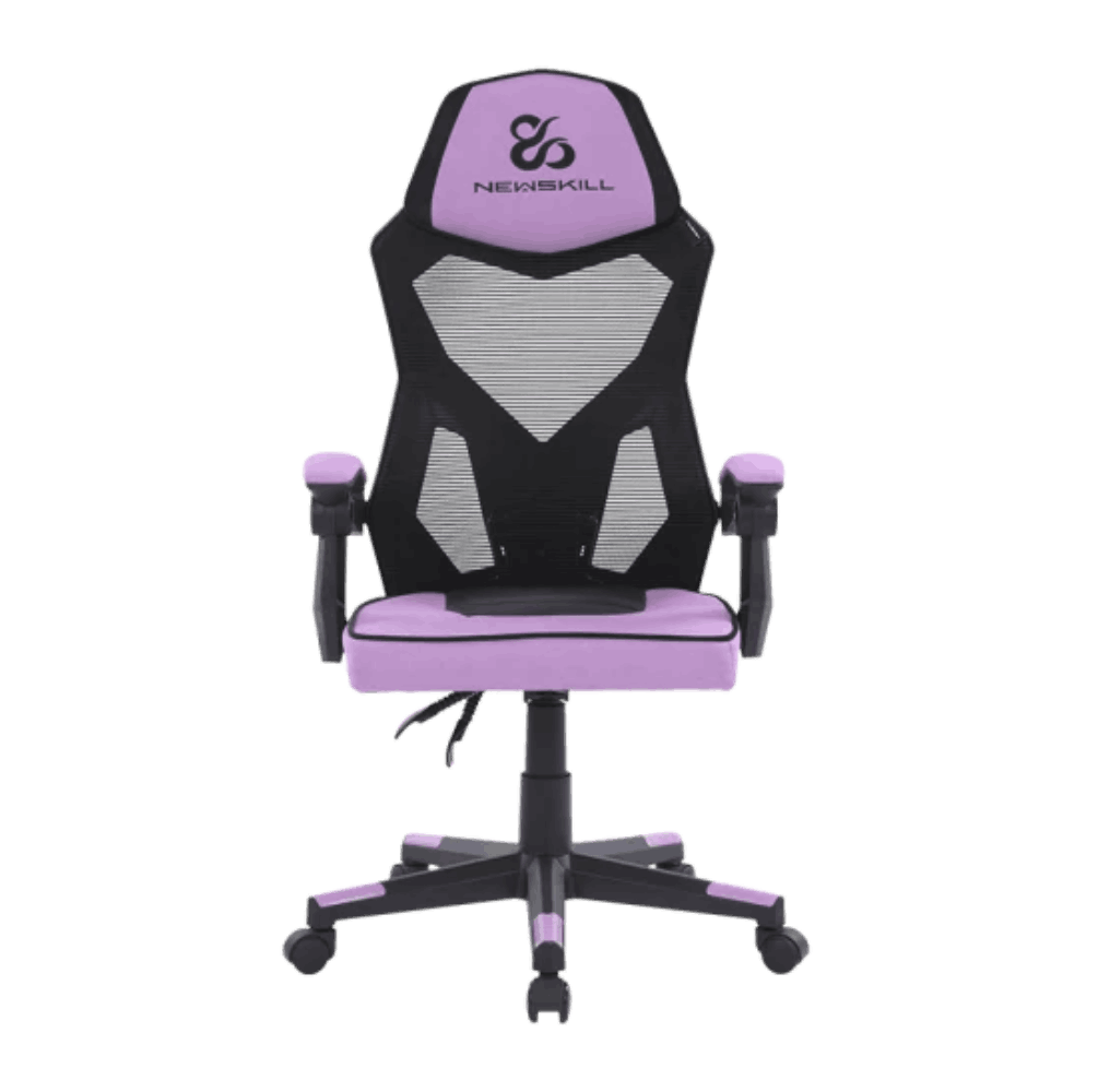 Silla gaming ergonómica, detalles morados, respaldo de malla, base negra.