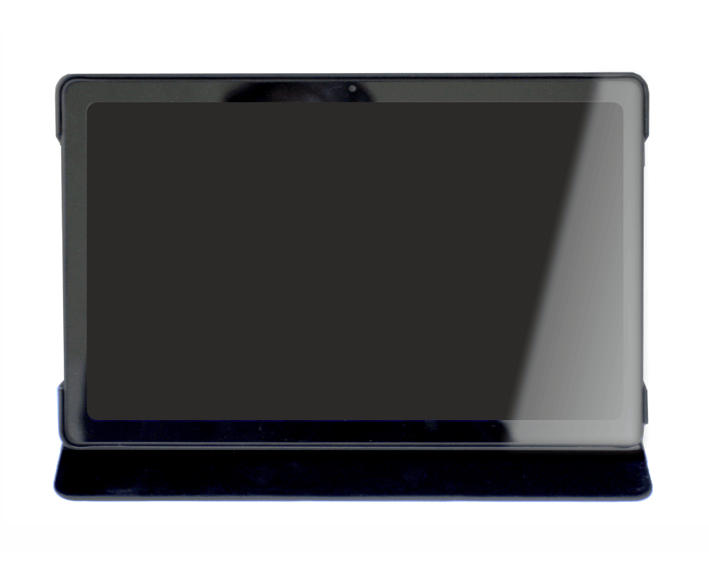 Una tableta negra con pantalla oscura, en una funda negra.