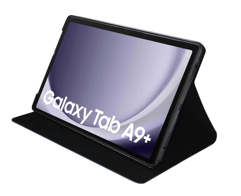 Samsung Galaxy Tab A9+ negro sobre una funda negra, pantalla con el texto Galaxy Tab A9+.