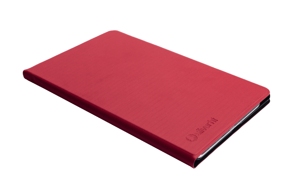 Una funda de tableta roja, cerrada y plana, mostrando el logotipo de Oliboni en una habitación luminosa.