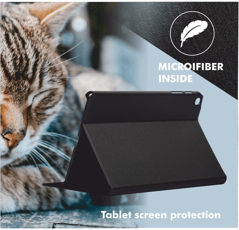 Funda de tableta sobre un gato, con el texto 'Microfibra dentro' y 'Protección de pantalla de tableta'.