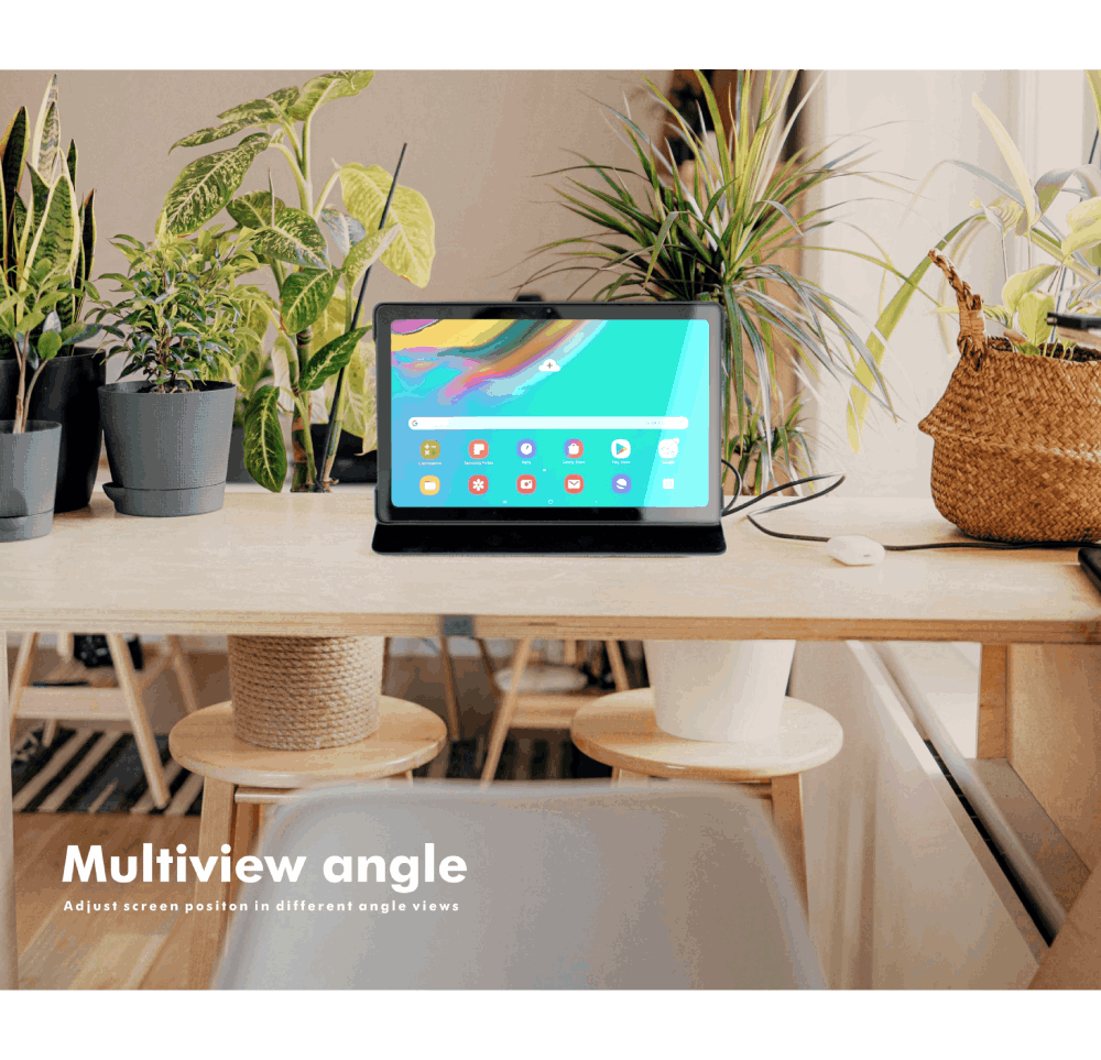 Tableta en un escritorio de madera. Plantas en el fondo. Se muestra el texto Multiview angle.