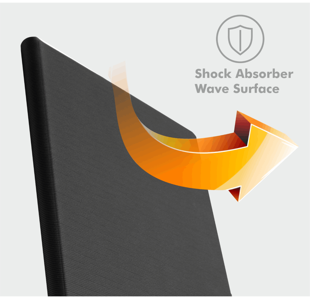 Una flecha apunta a una superficie ondulada, con texto 'Shock Absorber Wave Surface', sobre fondo gris.