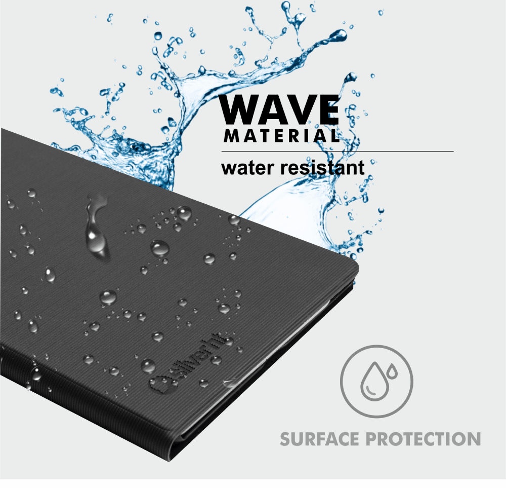 Primer plano de una funda negra con gotas de agua, texto: Wave Material, resistente al agua y protección de la superficie.