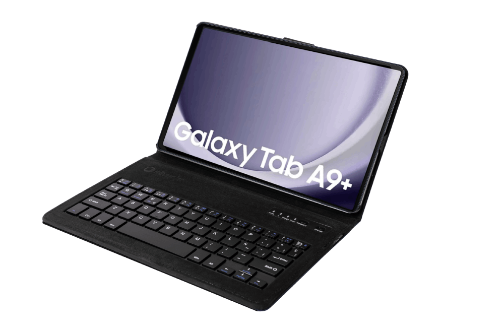 Tableta negra con funda de teclado, pantalla muestra 'Galaxy Tab A9+'.