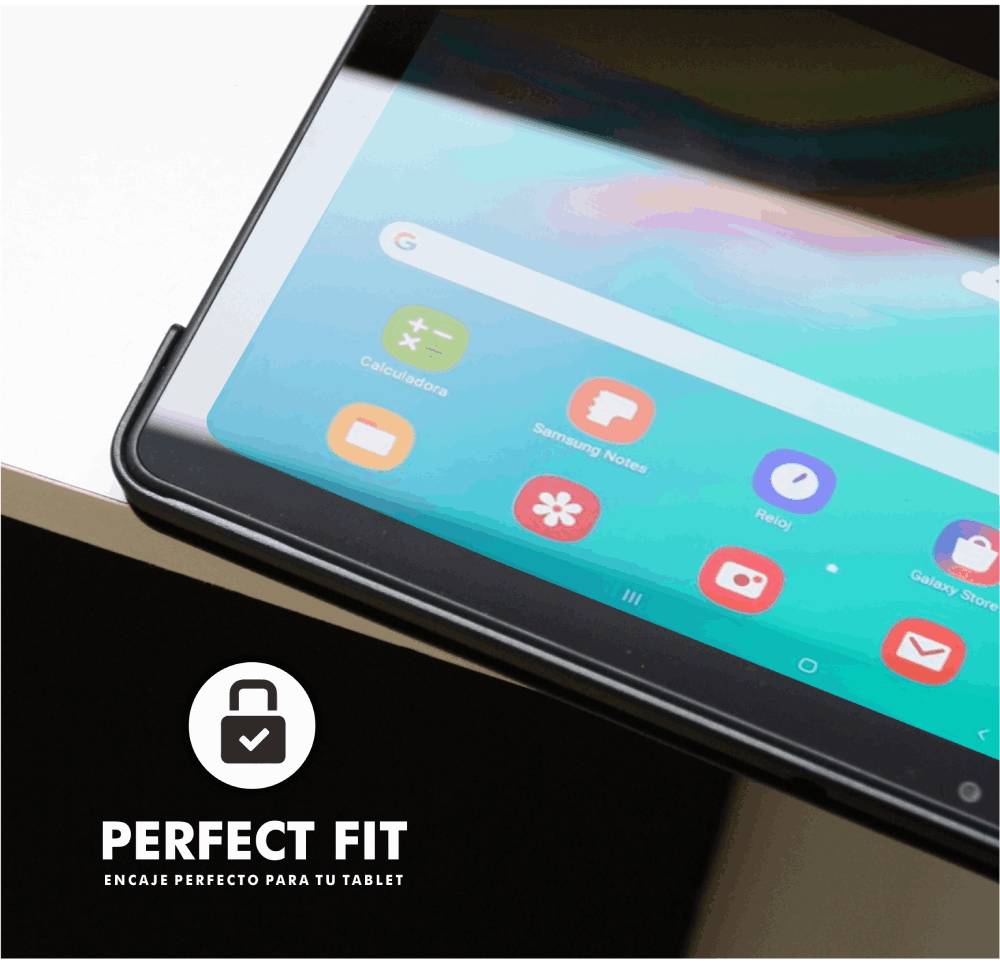 Pantalla de tableta con iconos de aplicaciones, funda negra y las palabras 'Perfect Fit'.
