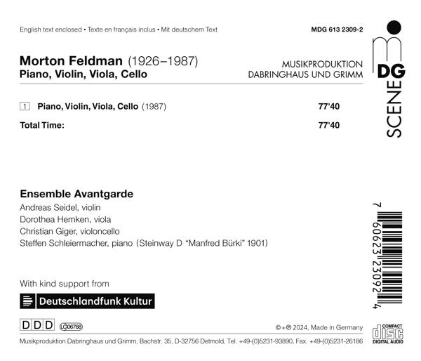 CD-Cover mit Komponist Morton Feldman, Werkliste, Ensemble und Label-Infos.