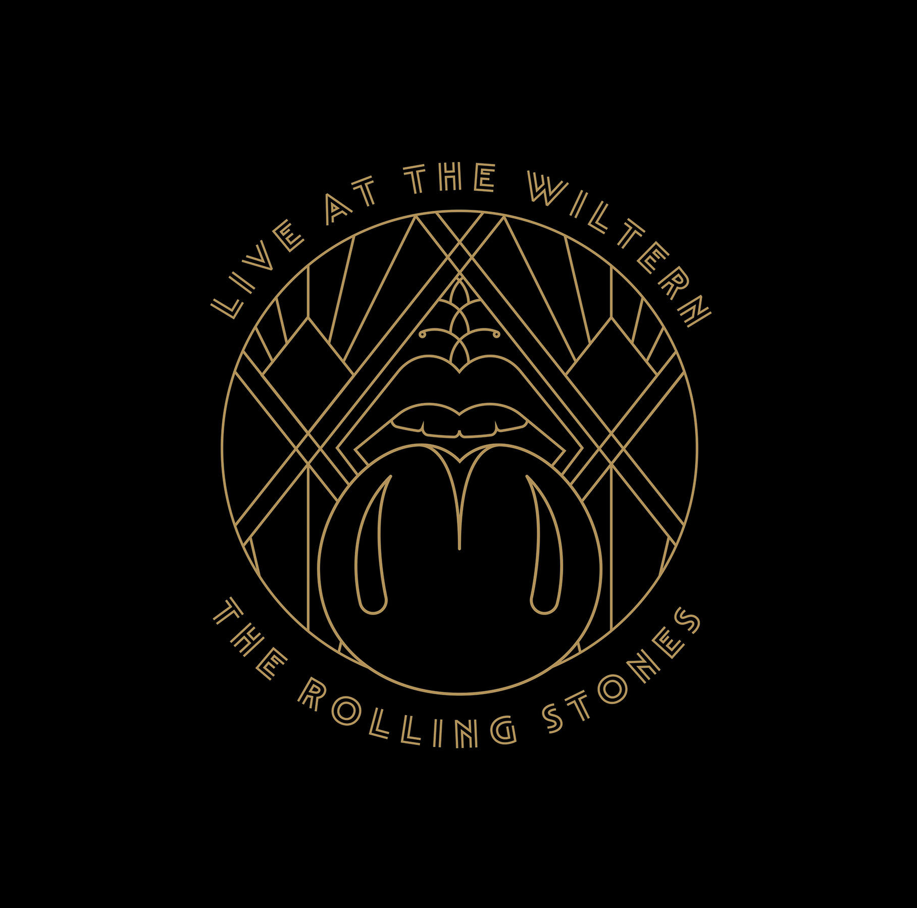 Das Rolling Stones-Logo in Gold auf schwarzem Hintergrund, mit Text um den Kreis herum.