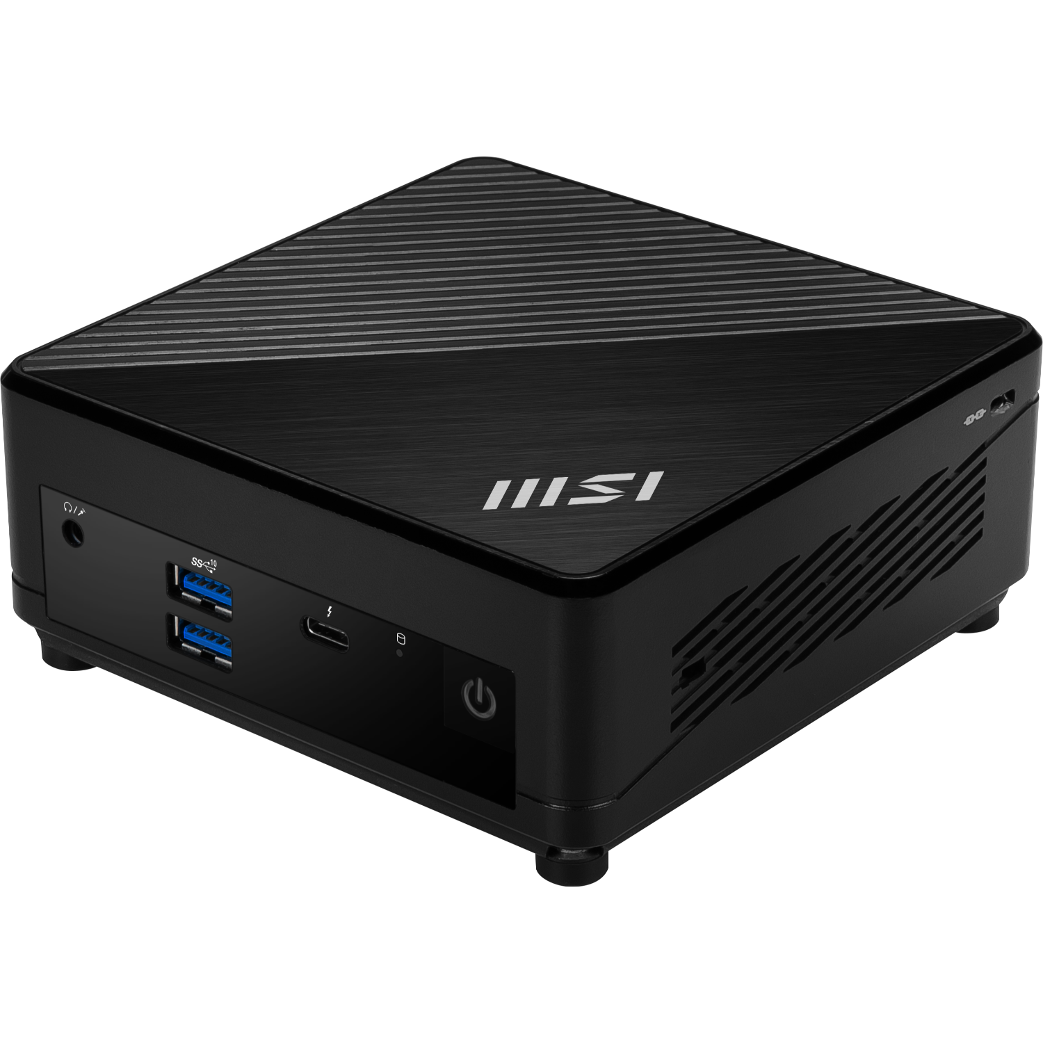 Zwarte mini-computer met poorten, het MSI-logo en een aan/uit-knop.