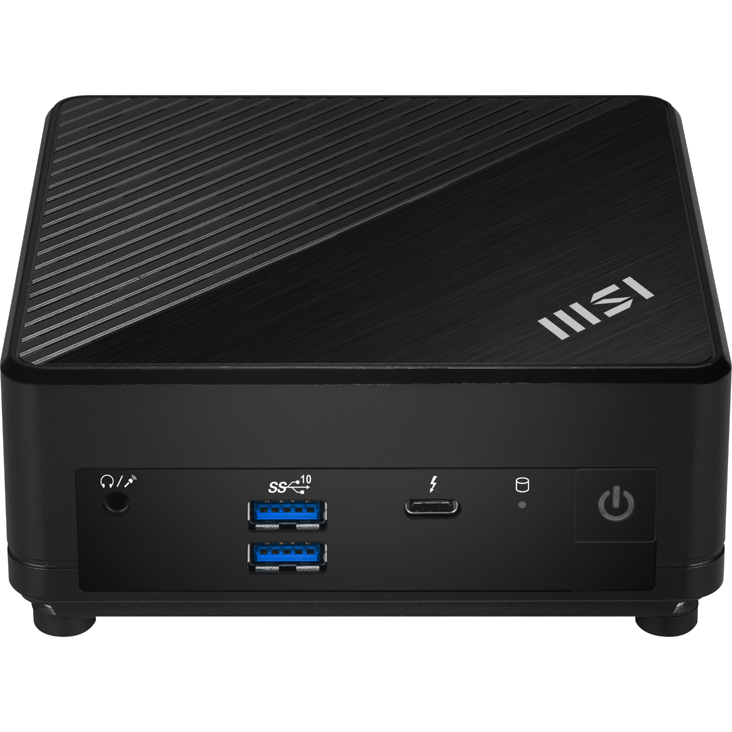 Zwarte mini-pc met poorten. De bovenkant is zwart, met een diagonaal lijnenontwerp. De merknaam is zichtbaar.