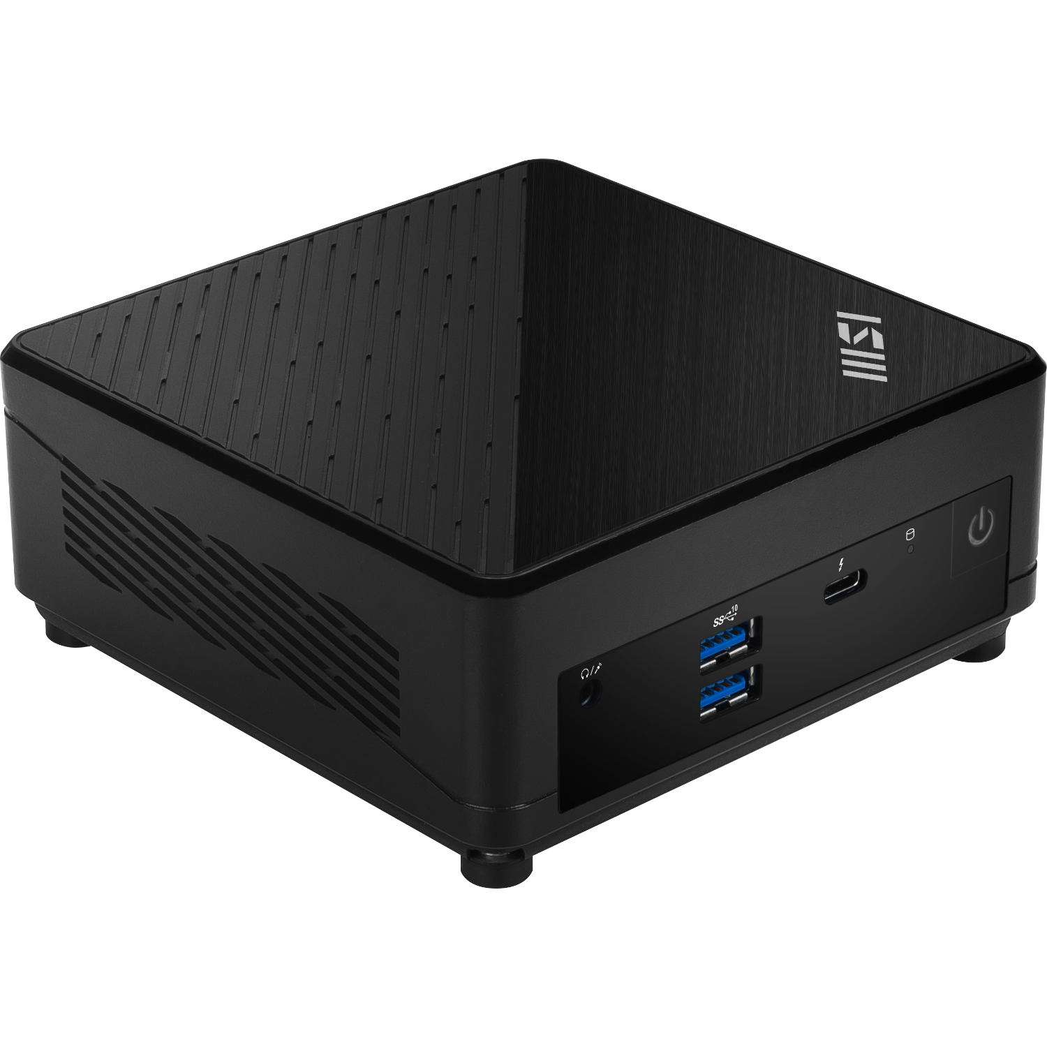 Zwarte mini-pc op een zwarte achtergrond. Heeft poorten, een aan/uit-knop en een logo. De bovenkant heeft een gestructureerd ontwerp.