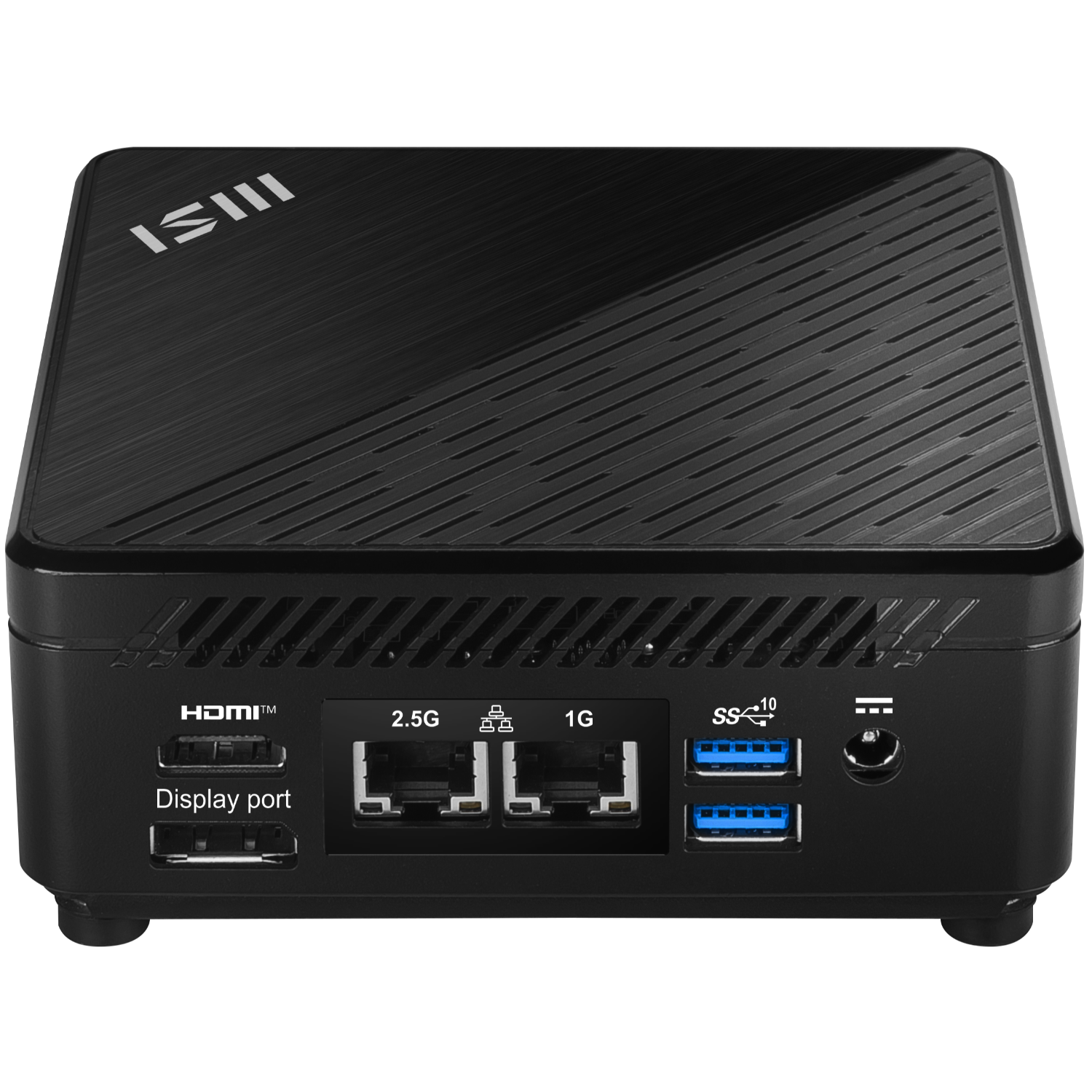 Zwarte mini-pc met poorten: HDMI, Display, LAN, USB en voeding. De bovenkant heeft het MSI-logo.