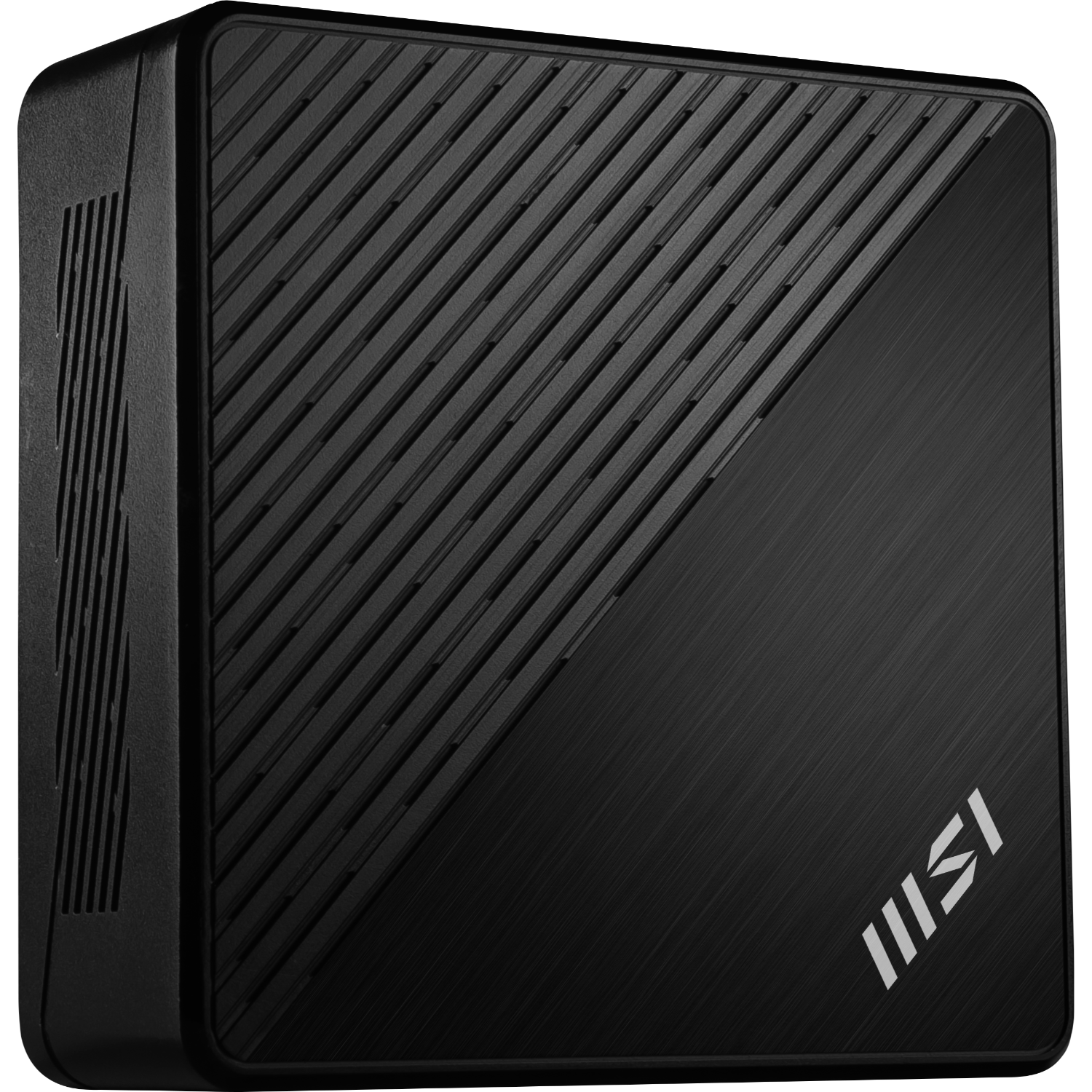 Een zwarte MSI computerkast met diagonale ribbels aan de voorkant en MSI-logo.