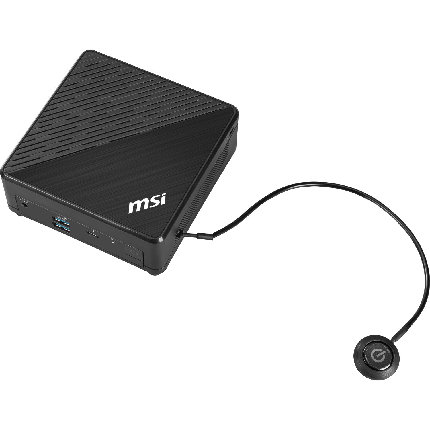 Zwarte MSI mini-pc met aan/uit-knop. Kabel verbindt met de knop.