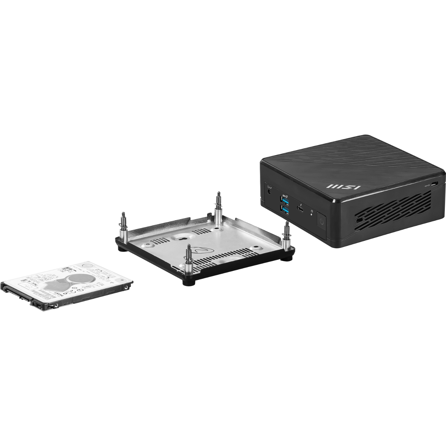 Mini PC-componenten: behuizing, beugel en harde schijf, alles op een zwart oppervlak voor installatie.