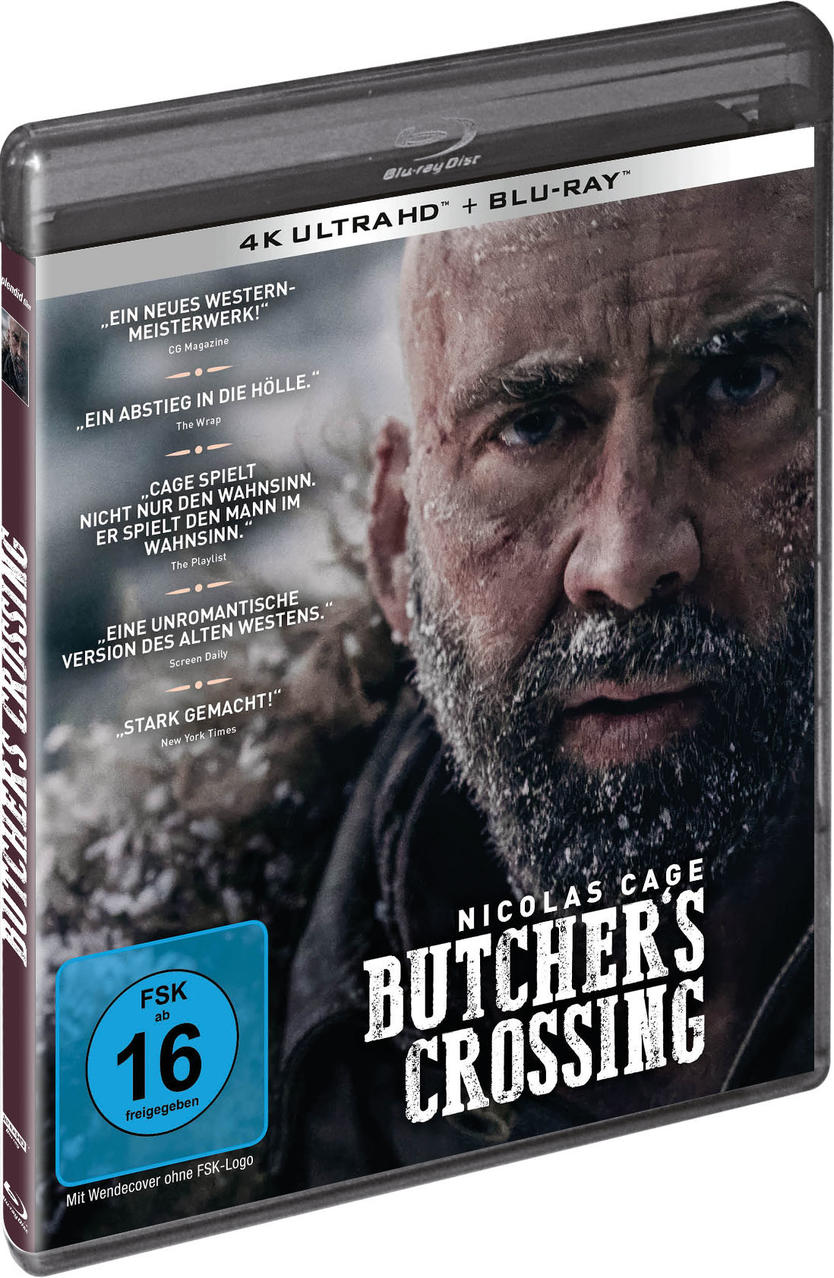Blu-ray-Filmhülle von "Butcher's Crossing". Nicolas Cages Gesicht ist auf dem Cover.