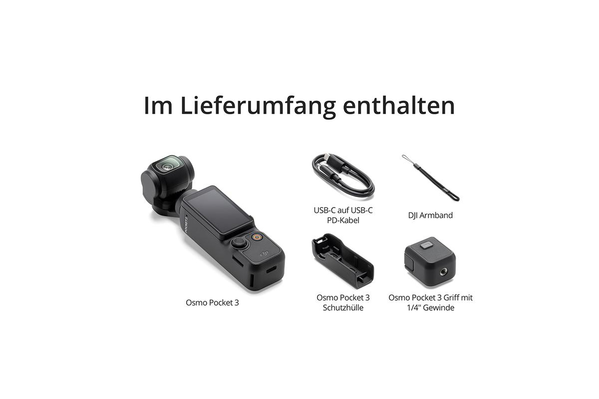 Verschiedenes Zubehör für eine kleine schwarze Kamera, einschließlich Hülle und Kabel.