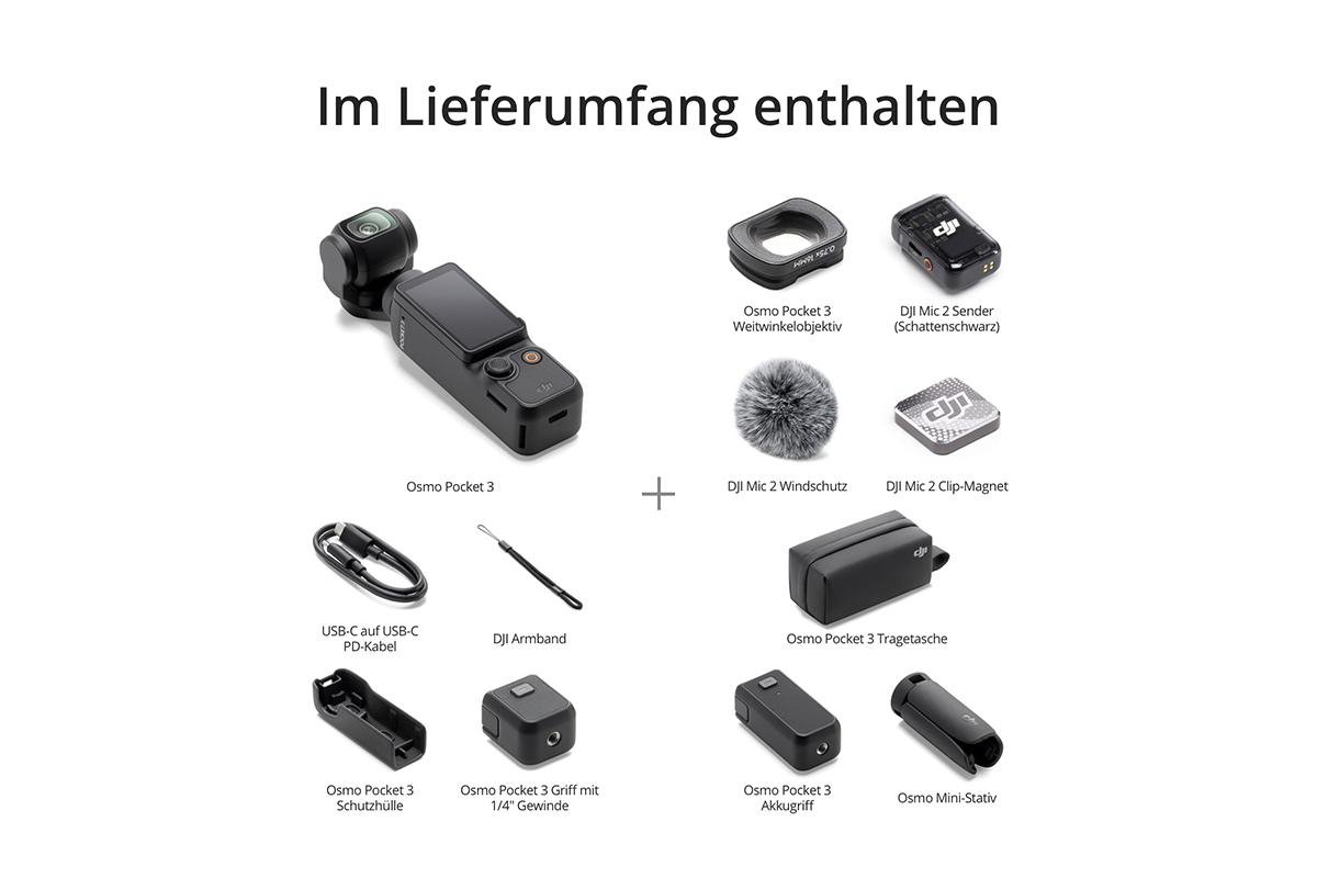 Verschiedene Artikel im Lieferumfang einer DJI Osmo Pocket 3 Kamera, auf weißer Oberfläche.